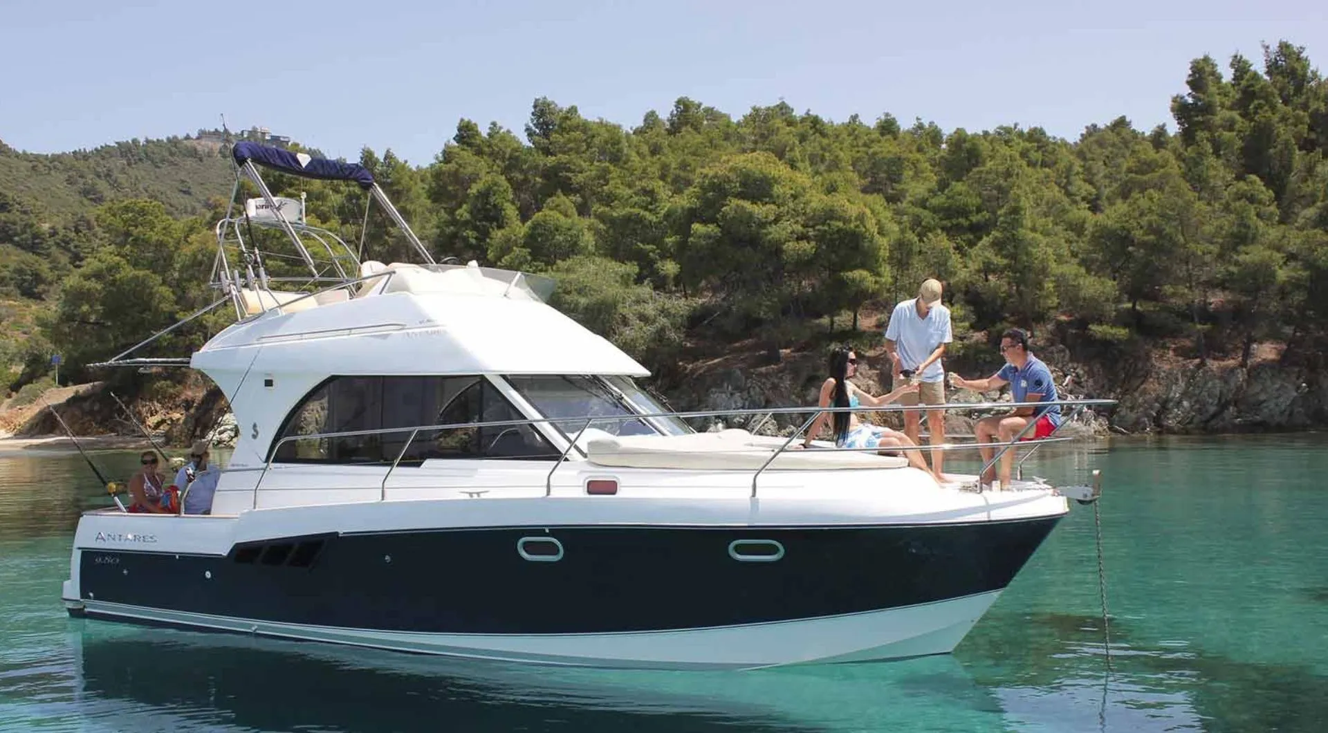 Explore Limani Karra on a 10m Rental Motor Yacht Beneteau Antares 10.80
