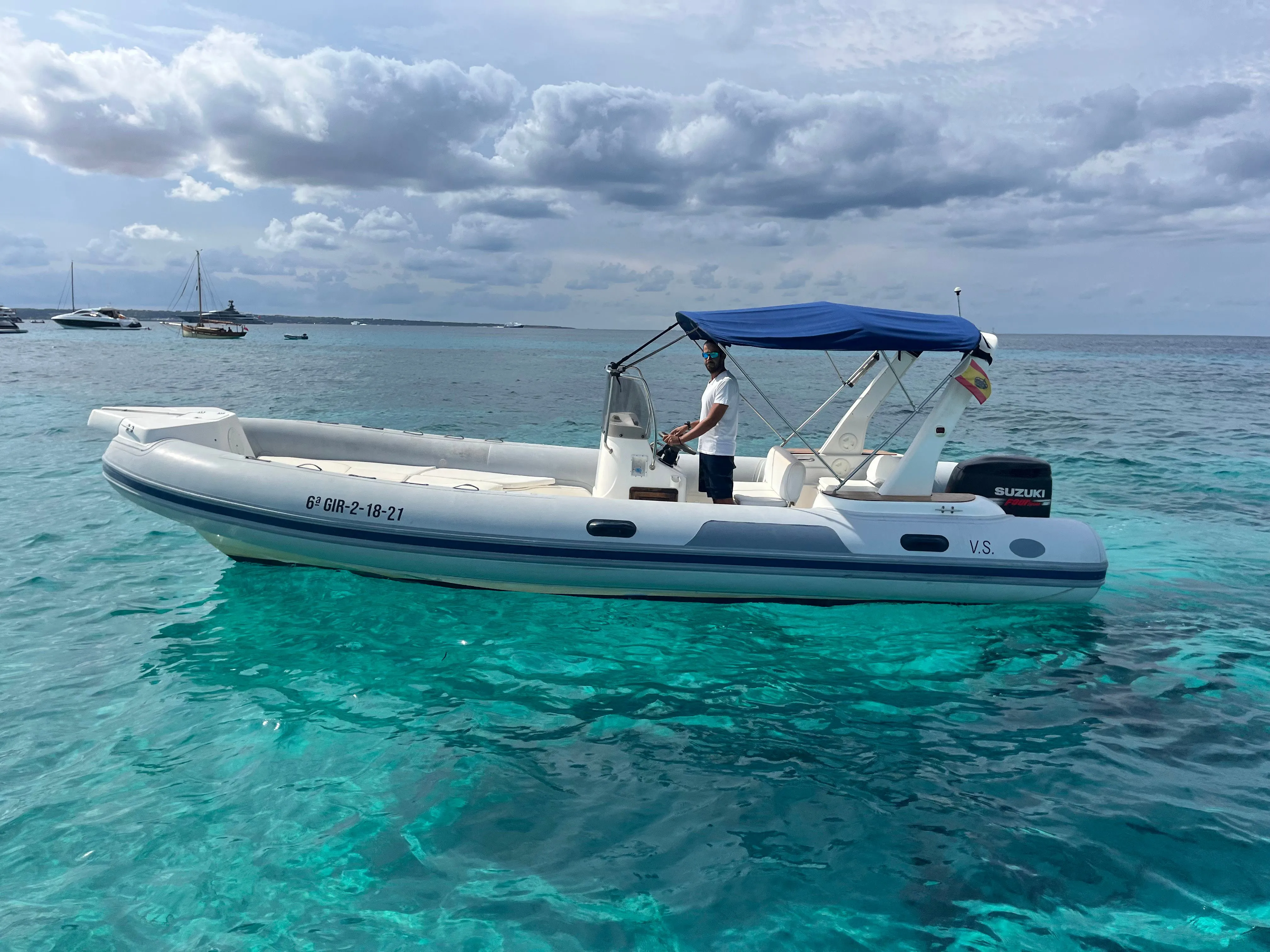 Explore Santa Eularia des Riu on a 7.5m Rental Motor Boat Capelli Tempest 750