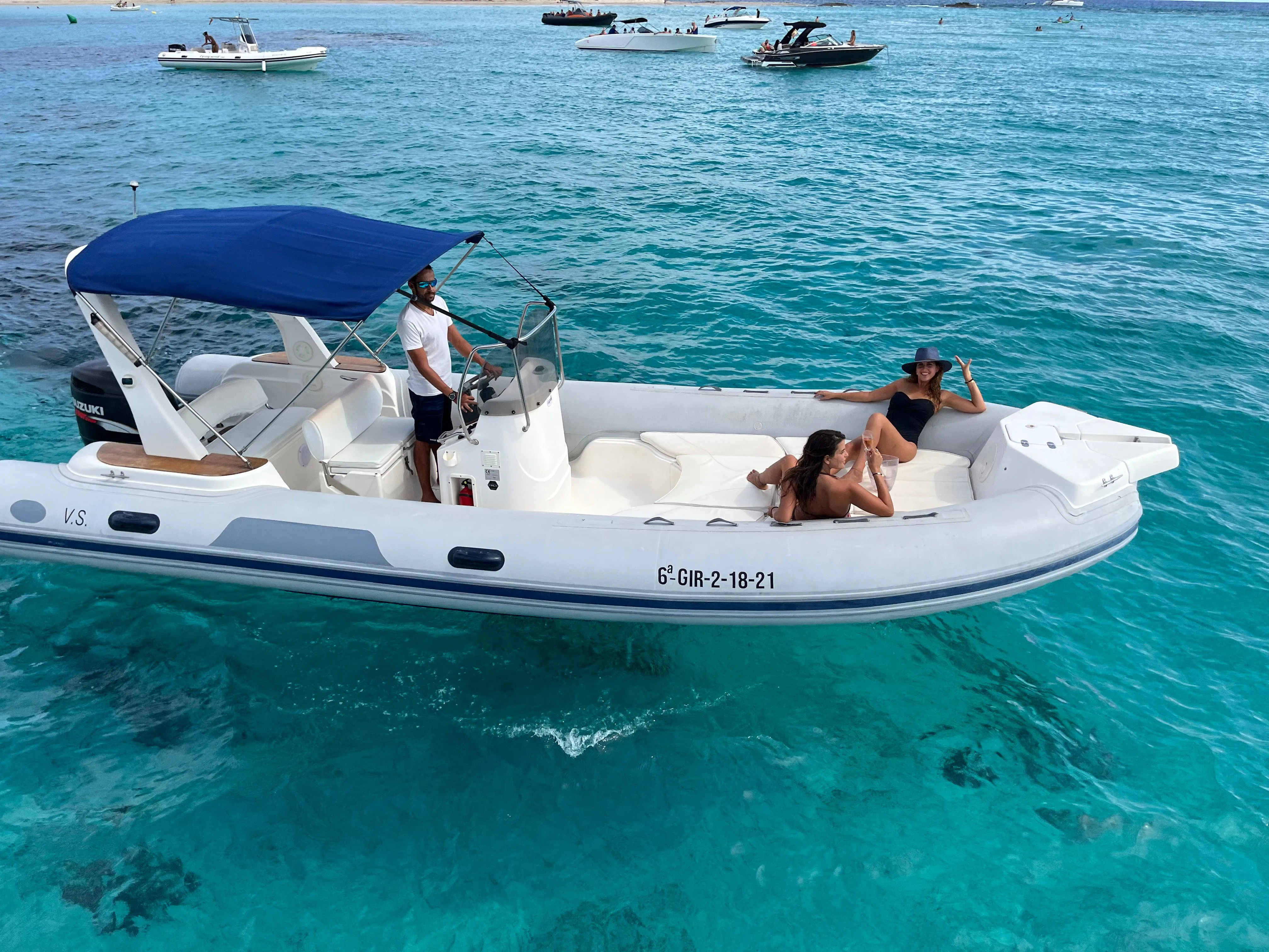 Explore Santa Eularia des Riu on a 7.5m Rental Motor Boat Capelli Tempest 750
