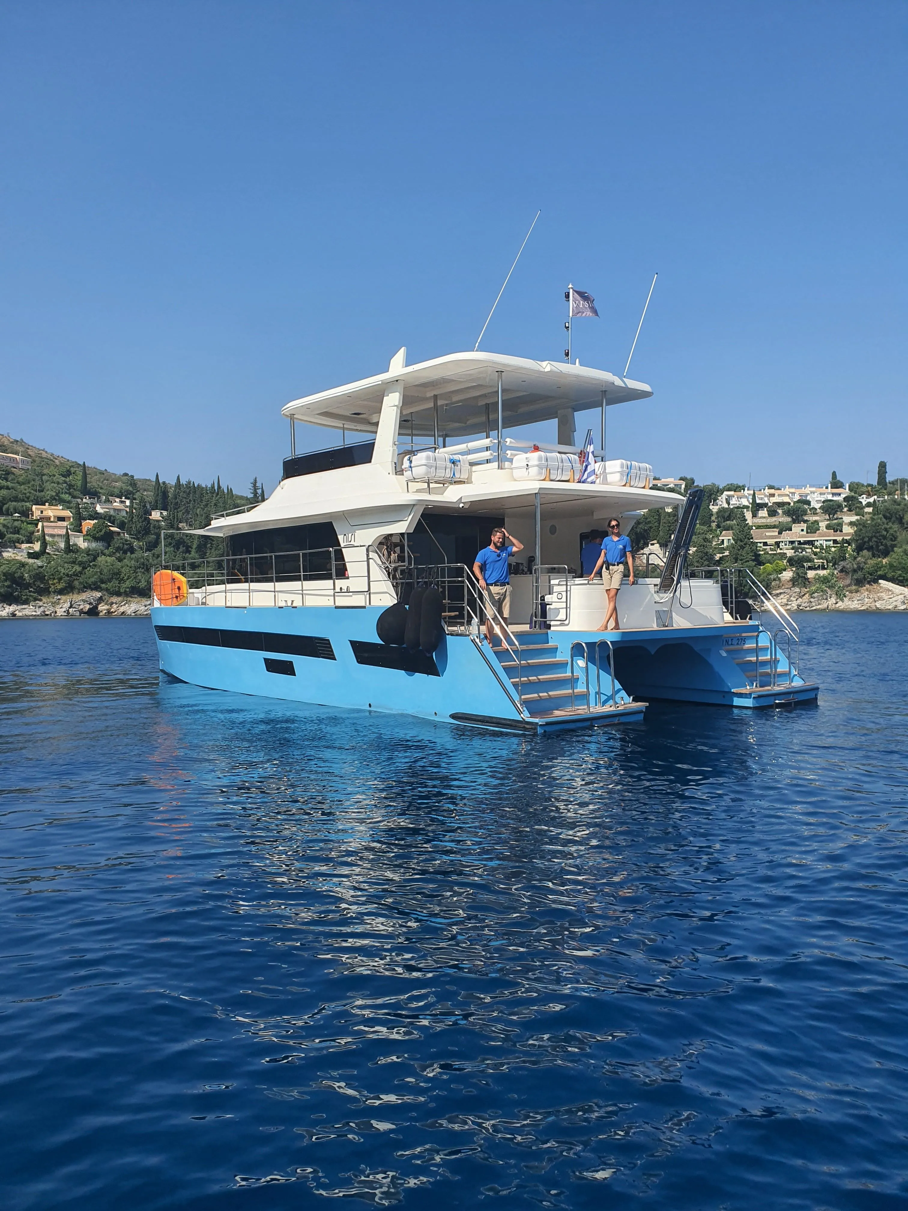 Explore Gouvia on a 16.75m Rental Power Catamaran GTX 55