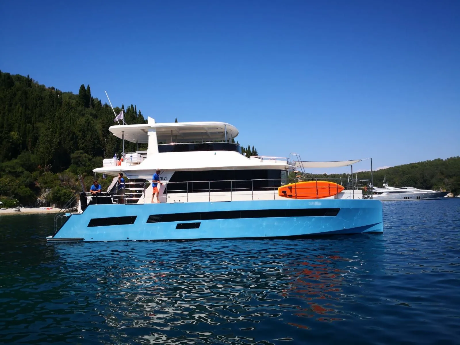 Explore Gouvia on a 16.75m Rental Power Catamaran GTX 55