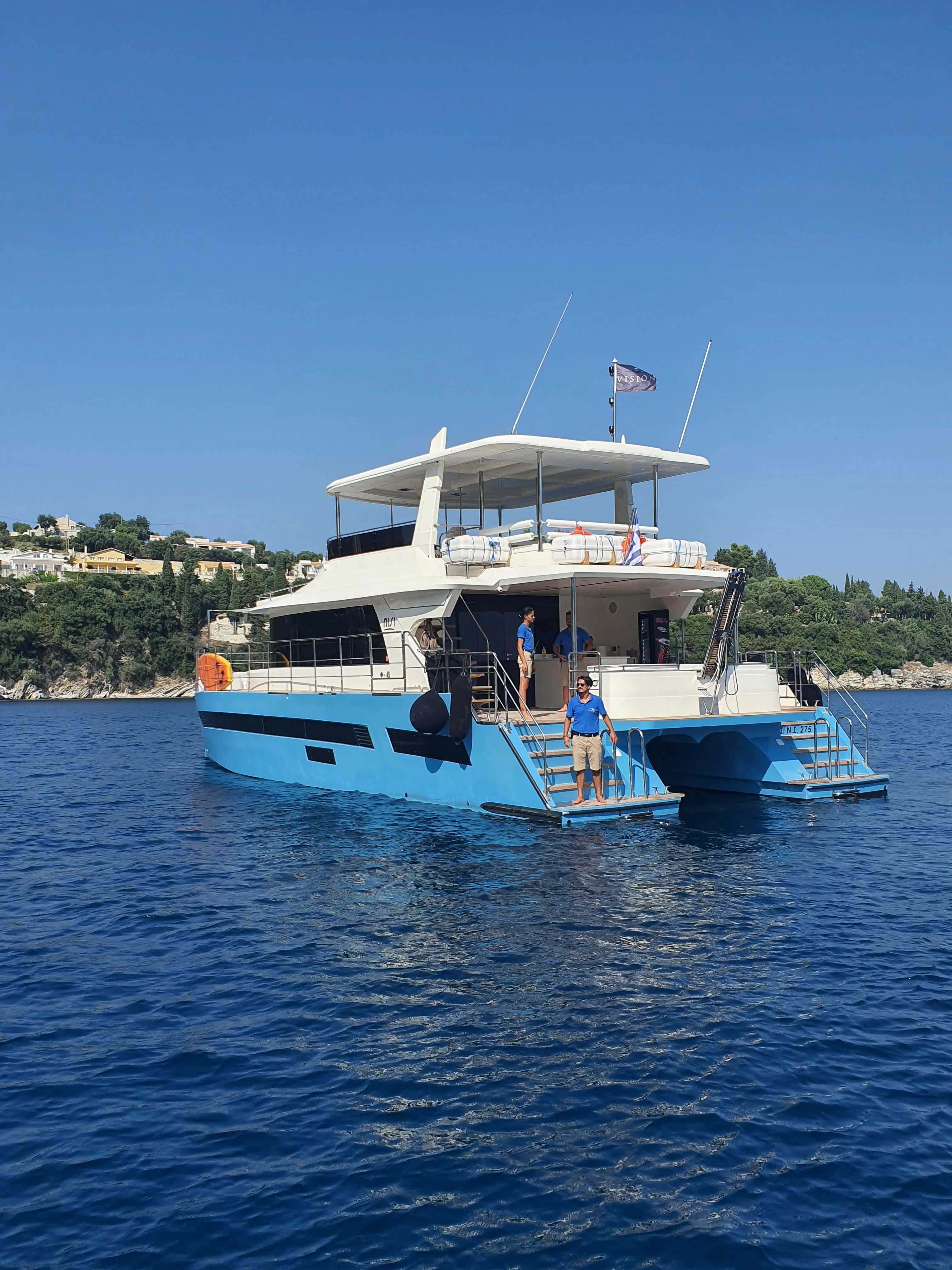 Explore Gouvia on a 16.75m Rental Power Catamaran GTX 55