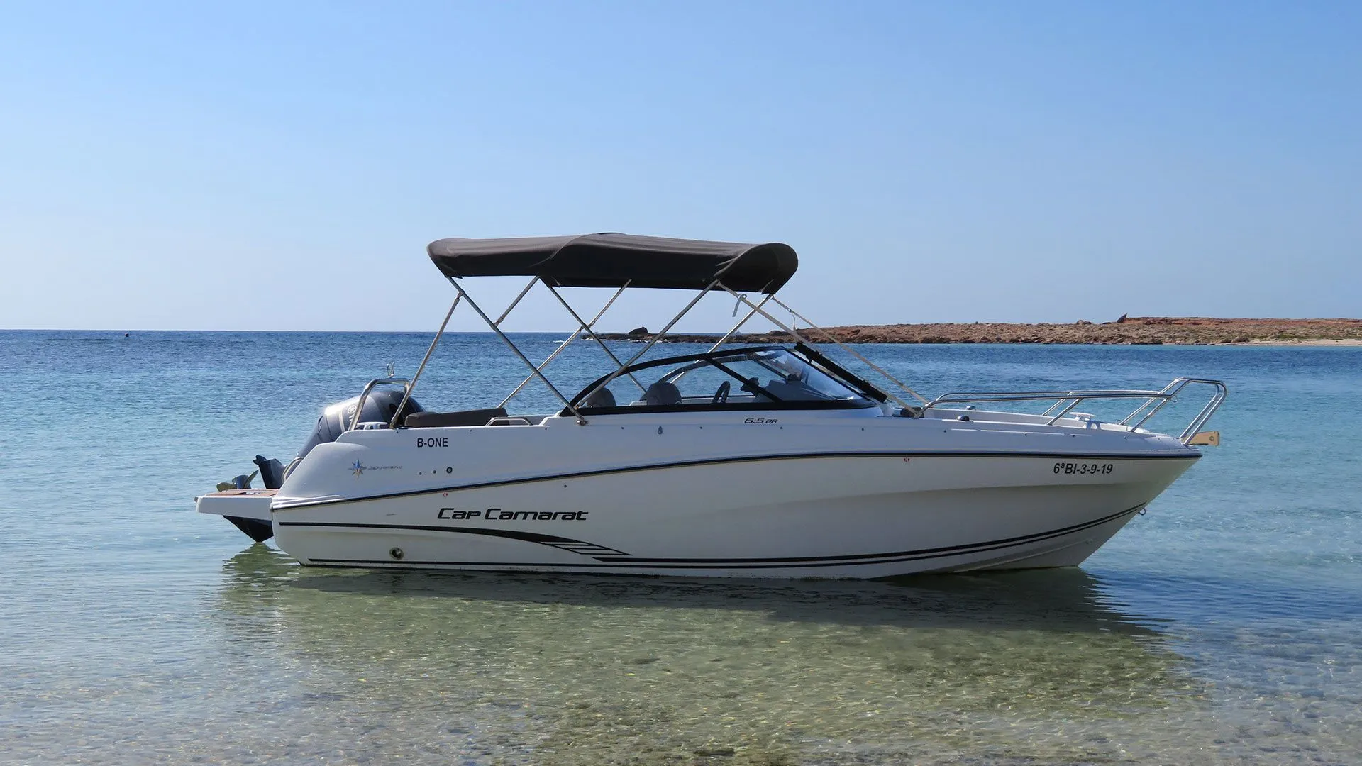 Explore Santa Eularia des Riu on a 6.5m Rental Motor Boat Jeanneau Cap Camarat 6.5 BR