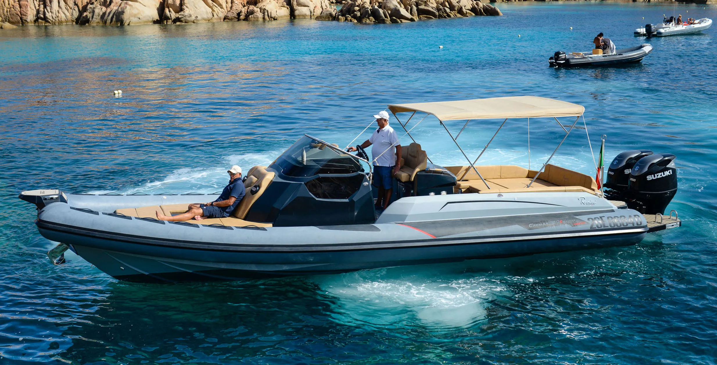 Explore Cannigione on a 12m Rental Motor Boat Ranieri 35 Cayman